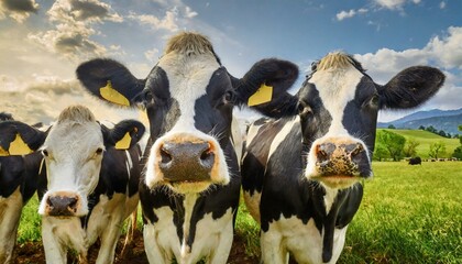 Wallpaper Curious black and white Holstein dairy cows pushing their noses up to the camera in a close group