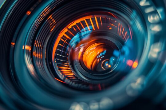 Vivid close-up of a camera lens with a dynamic light reflection, symbolizing technology and optics.
