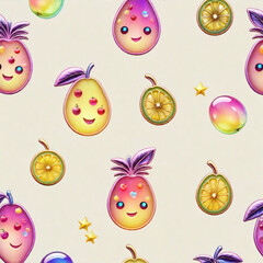 Seamless pattern with cute cartoon fruit characters. illustration.