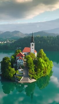 Aerial view of sunrise at Bled lake, Slovenia. Flying around island with Church of the Assumption of Mary in Bled lake surrounded by mountains. Vertical screen