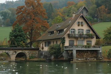 Fototapeta na wymiar Classic residential building with garden