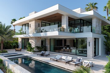 Modern luxury villa exteriopr with white walls and stone accents with garden and pool