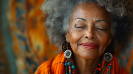 Mature beauty of woman. Elderly black woman with grey hair, natural makeup and closed eyes enjoying the moment. Relax time. Selective focus. Colourful background  - obrazy, fototapety, plakaty