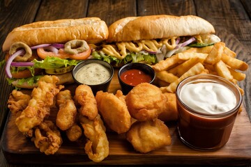 A delicious assortment of fast food with sandwiches, fries, and fried snacks, perfect for a tasty indulgence.