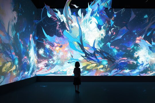 An immersive art gallery with dark walls and glowing lights, showcasing digital paintings of colorful nebulae and abstract shapes on the wall. 