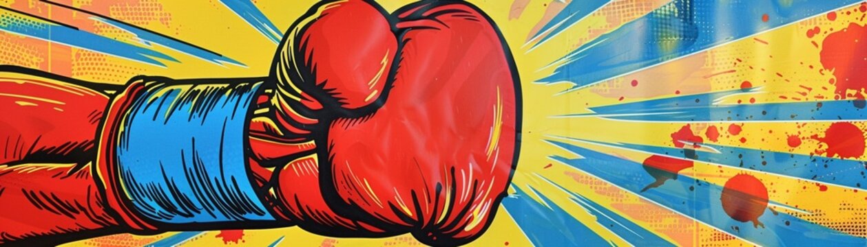 1960s styled pop art boxing glove, colorful punch through comic book page, energy and dynamic action