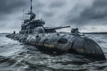 Tuinposter A weathered submarine lies forsaken on a desolate coast under overcast skies, conjuring an aura of mystery and forgotten naval history. © cherezoff