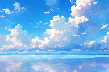 Beautiful blue sky with white clouds, reflecting on the water surface