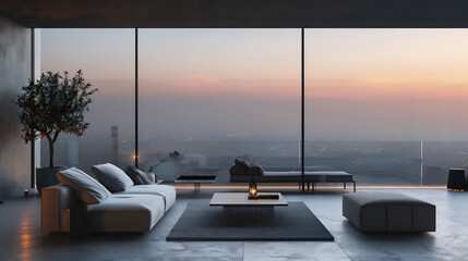 Blurred penthouse appartment background with beautiful soft light at dusk / dawn , interior workplace with cityscape for business presentation, AI generated - 778210619