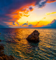 famous Brela resort, Makarska riviera, Dalmatia, Croatia, Europe, amazing sunset view	