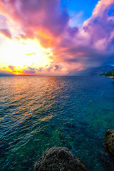 famous Brela resort, Makarska riviera, Dalmatia, Croatia, Europe, amazing sunset view	 - obrazy, fototapety, plakaty