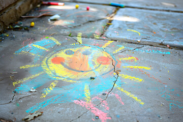 Colorful chalk drawings on a wet urban sidewalk, featuring a smiley face and abstract shapes, with a blurred street background.