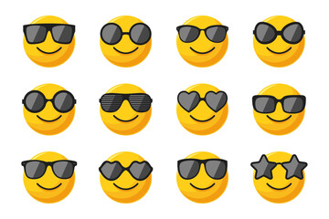 Smiling Round Yellow Face with Sunglasses. Funny Yellow Sphere Character Set, Positive Facial Expression. Vector Illustration