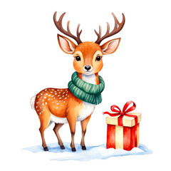 Cute cartoon style baby deer wearing a muffler scarf, full body, with a gift box, celebration, occasion, christmas, watercolor clipart, isolated, animal