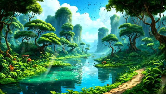 beautiful cartoonish forest landscape with lush green trees. Seamless looping 4k time-lapse video animation background 