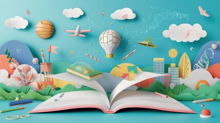 An imaginative papercut vector illustration of school supplies magically flying out of an open book - obrazy, fototapety, plakaty