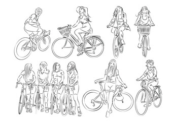 A collection women riding bicycle sketch drawing for background design.