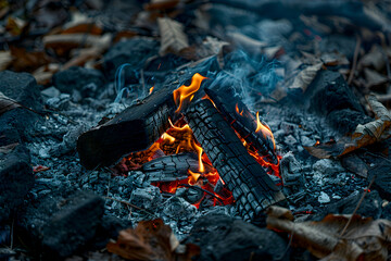 Close-up of a small campfire with vibrant flames engulfing pieces of wood, surrounded by ash and fallen leaves, depicting a cozy outdoor setting.