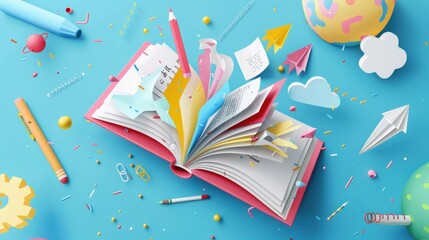 An imaginative papercut vector illustration of school supplies magically flying out of an open book