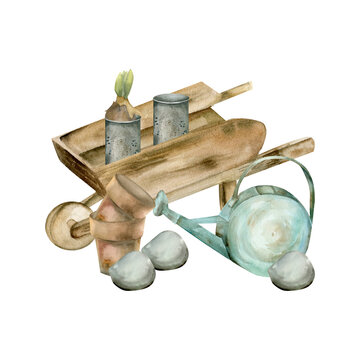 recommend clip art: Garden tools and flowers composition with yellow daffodils, watering can, shovel and wooden wheel barrow. Florist arrangement, floral clip art for garden shop, label, logo design.