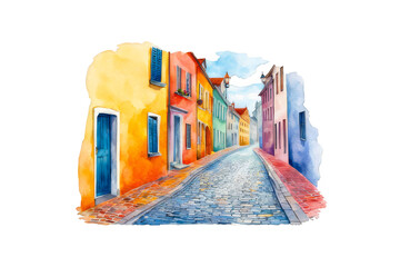 A charming cobblestone street with colorful buildings, and sidewalk, cityscape, watercolor painting, isolated