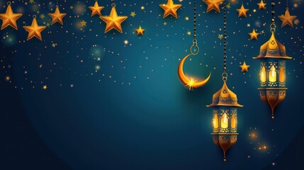 A luxurious Ramadan background featuring a stylized crescent moon - obrazy, fototapety, plakaty