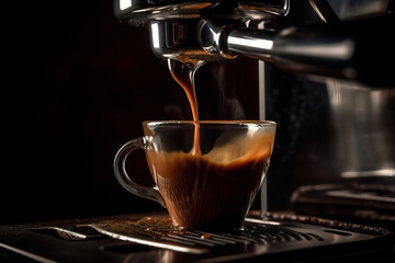Espresso pours into a cup, warm ambiance.
