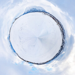 360 degree wide panoramic view of frozen lake Tornetrask in Abisko, Sweden
