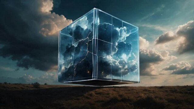 glowing and sparkling translucent cube with storm clouds trapped inside art surrealism