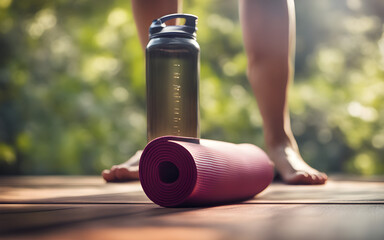 Close-up of a yoga mat, water bottle, and woman's feet standing in a starting yoga position, tranquil atmosphere - Powered by Adobe