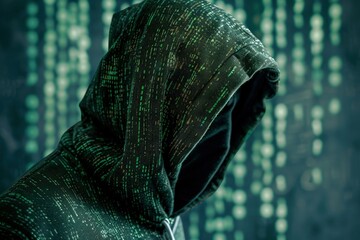 a person in a hooded jacket looking at a wall of data - obrazy, fototapety, plakaty