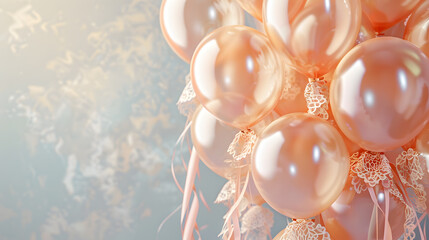A bunch of peach colored balloons with curling ribbons float against a white background.