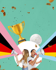 Fototapeta premium Art collage. Soccer fans with megaphone in hand celebrating on isolated background. Poster with copy space.