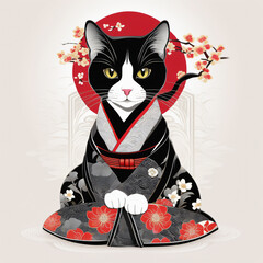 Black cat in Japanese kimono and plum blossom. illustration.