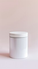 Minimalistic white cylindrical container with a sleek design against a soft beige background.