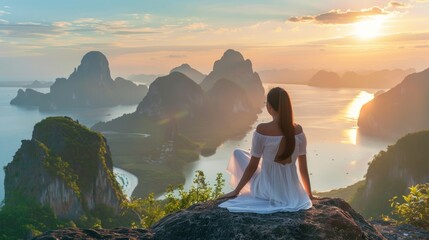 Woman in white dress sitting looking at the panorama and looking at the mountain in the morning .AI generated image