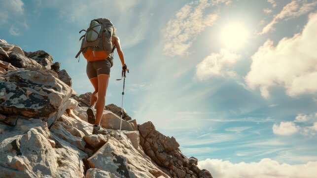 Female climber with backpack climbing and climbing rocks on mountain peak cliff.AI generated image