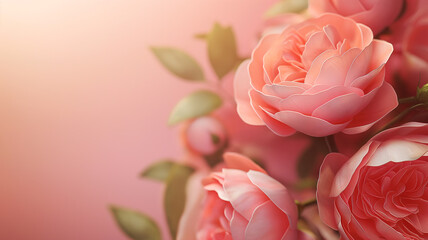 Greeting card in pink and beautiful flowers close up and copy space.