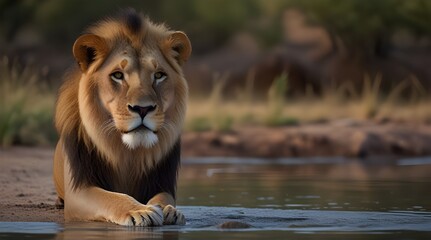 Portrait of a Beautiful lion lion at the waterhole .Generative AI - obrazy, fototapety, plakaty