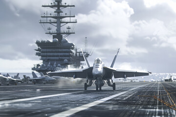 A US Army fighter jet lands on the aircraft carrier's runway in poor weather conditions. Generative AI.