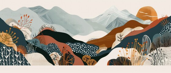 Wall art of boho scandinavian minimalist nature landscape with earthy colors.