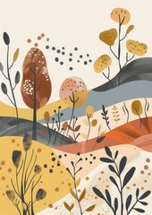 Wall art of boho scandinavian minimalist nature landscape with earthy colors.
