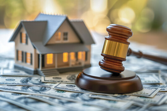 A house model sits on a pile of $100 bills next to a wooden judge's gavel. Concept of legal proceedings in real estate, property division in divorce. Generative AI.