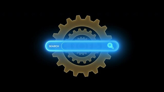 SEO search engine optimization concept. Marketing ranking traffic website, internet technology for business company. Animation of search bar with cogwheel icon isolated on transparent background.