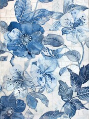 Pink blue floral mosaic wall mural, in the style of monochromatic ink washes, blue and white glaze.