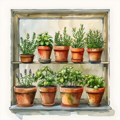 Fototapeta na wymiar Herbs and Greenery Displayed in a Cozy Window Garden Shelf with Copy Space