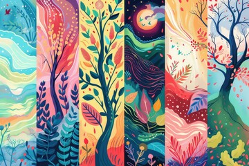 Designs side by side that represent the stages of the day. Dawn, Day, Evening, Sunset, Night. Each design is created in colourful whimsical gouache art style. - obrazy, fototapety, plakaty