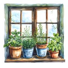 Fototapeta na wymiar Window Garden of Herbs and Small Space Greenery with Copy Space in Hand Drawn