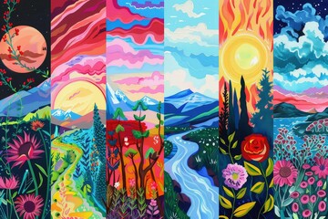 Designs side by side that represent the stages of the day. Dawn, Day, Evening, Sunset, Night. Each design is created in colourful whimsical gouache art style.