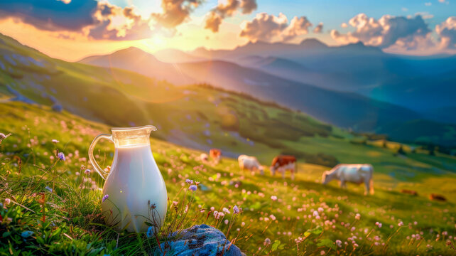 A picturesque scene: A milk pitcher atop a lush mountain slope, framed by the hues of a setting sun. Grazing cows dot the distant landscape. Generative AI.